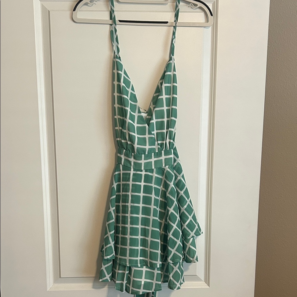 SHEIN Green and White Windowpane Print Spaghetti Strap Romper